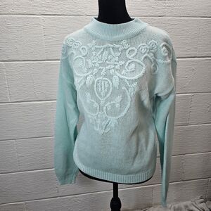 Vintage Apostrophe Women's small Long Sleeve blue mint granny Sweater grandma